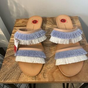 NWT DV Dolce Vita Fringe Slide Sandals - Tan, White, and Blue
